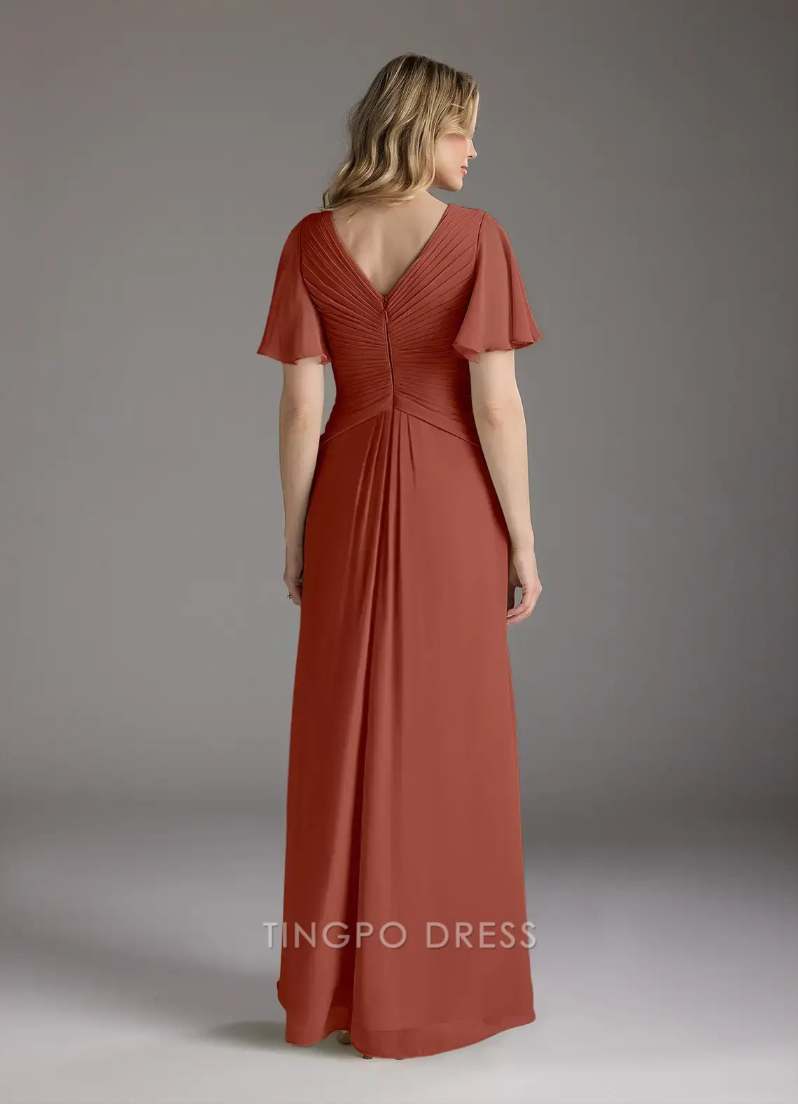 TingPo Wholesale Elegant V - Neck Chiffon Maxi Dress with Flutter Sleeves and Ruched Bodice for Formal Occasions
